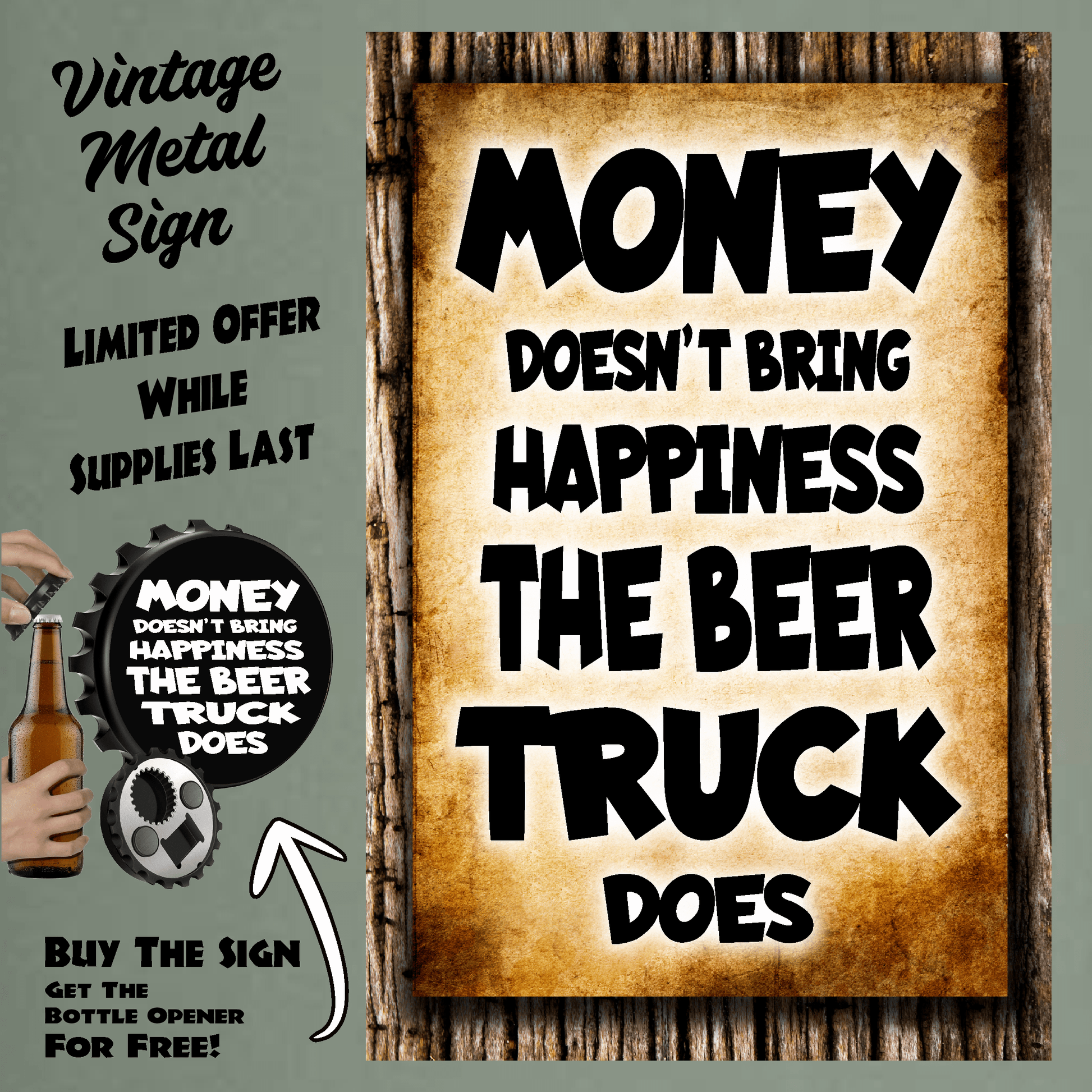 accessories Money Doesn't Bring Happiness - 12" x 18" Vintage Metal Sign (Free Bottle Opener) GiftsByJeff Gifts By Jeff Pittsburgh PA