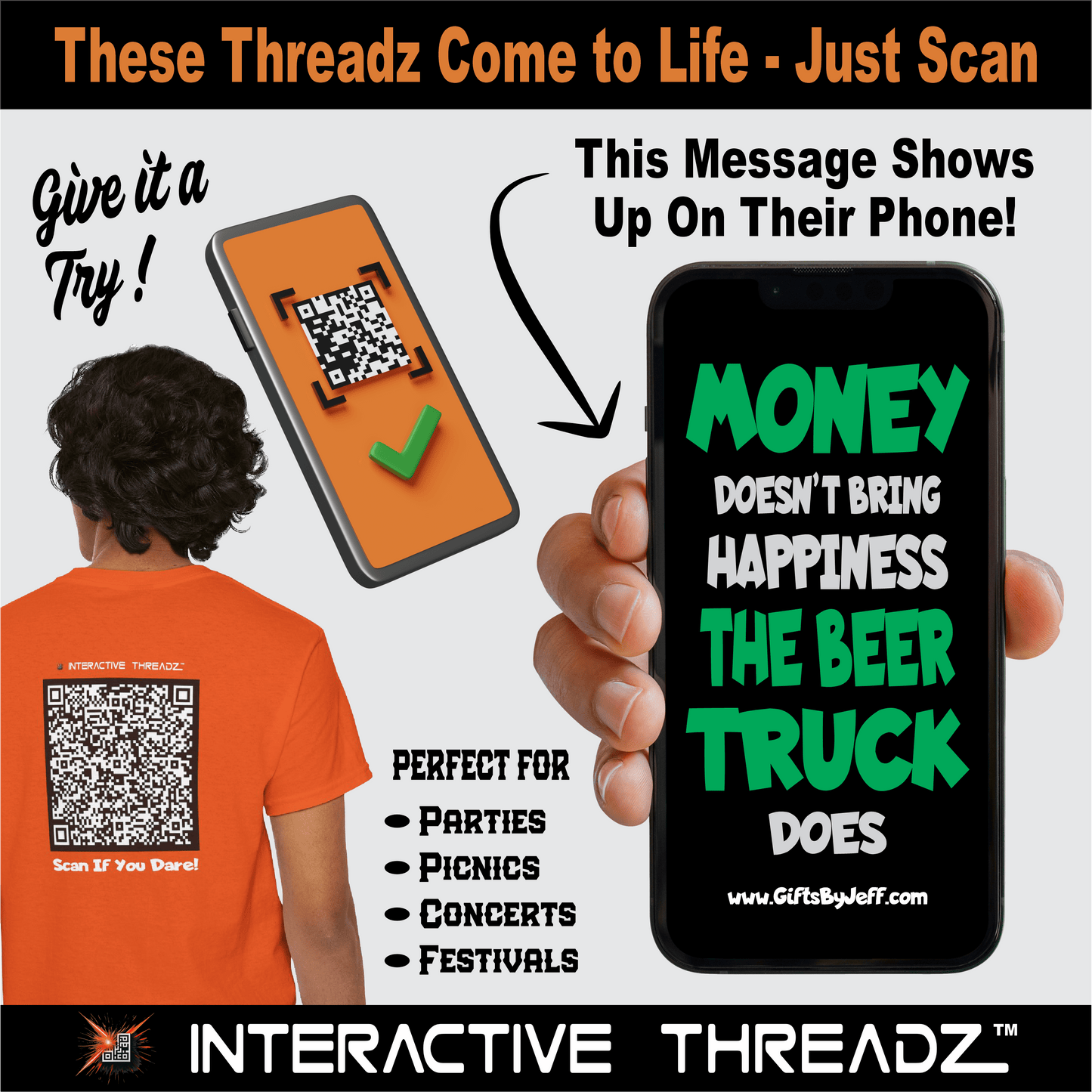 T-Shirt Money Doesn't Bring Happiness, The Beer Truck Does - QR Code Shirt - Gildan 5000 Unisex T-shirt GiftsByJeff Gifts By Jeff Pittsburgh PA