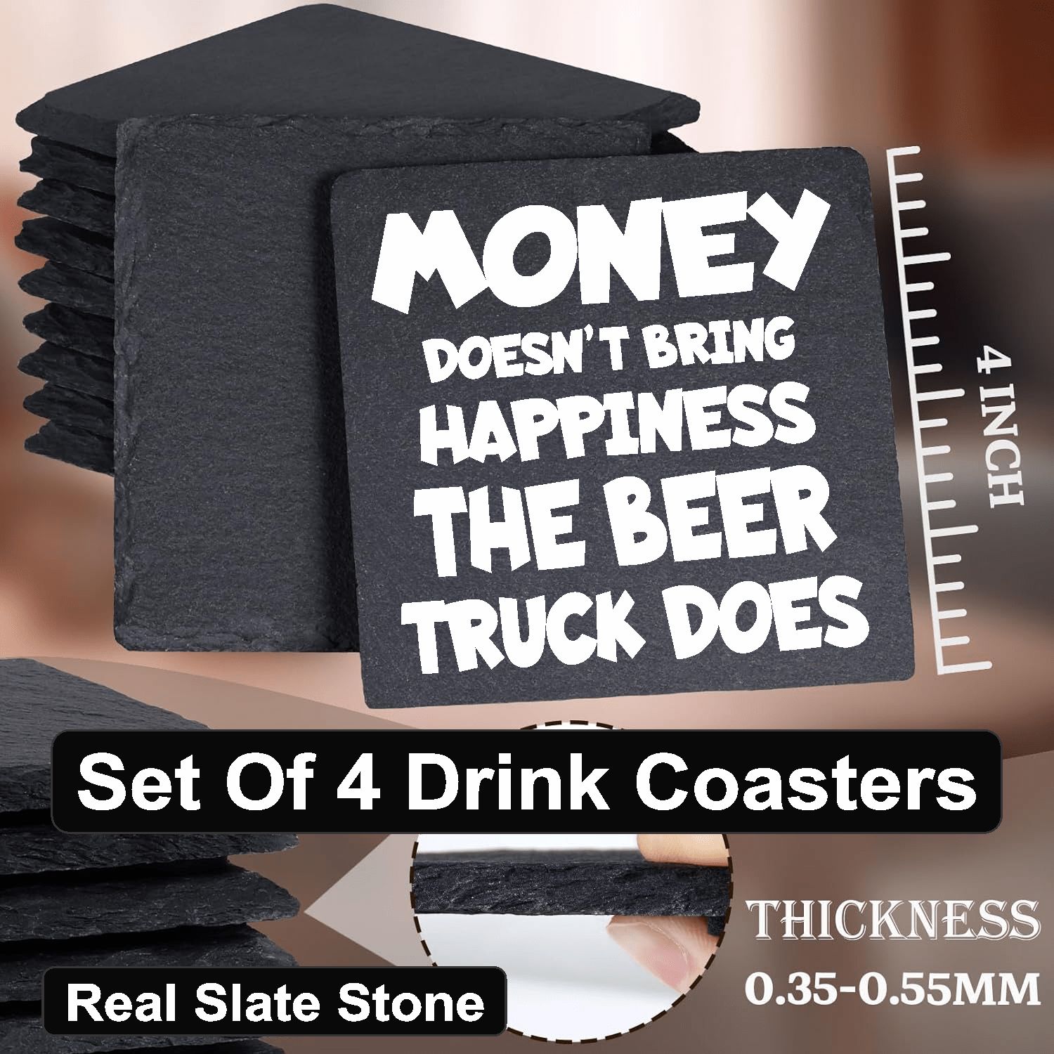 accessories Money Doesn't Bring Happiness, The BEER TRUCK Does - Set of 4 Black Slate Stone Coasters GiftsByJeff Gifts By Jeff Pittsburgh PA