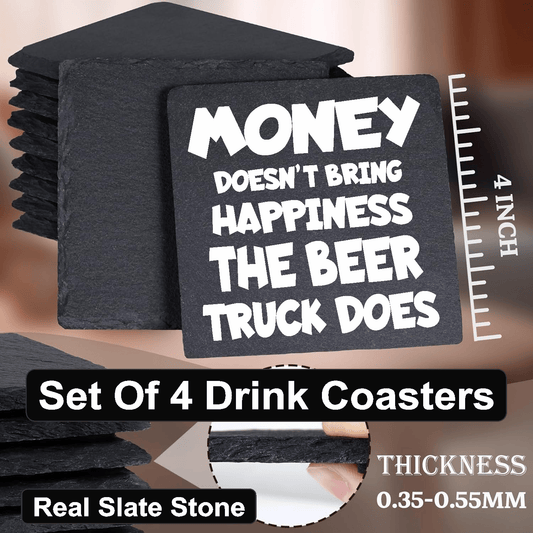 accessories Money Doesn't Bring Happiness, The BEER TRUCK Does - Set of 4 Black Slate Stone Coasters GiftsByJeff Gifts By Jeff Pittsburgh PA