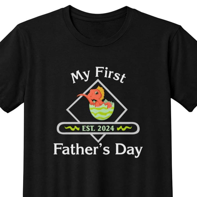 Jewelry My First Father's Day - Hatching Dinosaur - Est. 2024 - Black Bella + Canvas 3001 Jersey Tee GiftsByJeff Gifts By Jeff Pittsburgh PA