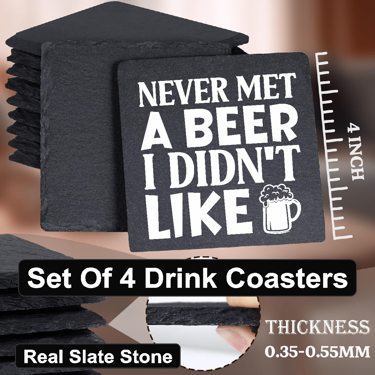 accessories Never Met A BEER I Didn't Like - Set of 4 Black Slate Stone Coasters GiftsByJeff Gifts By Jeff Pittsburgh PA