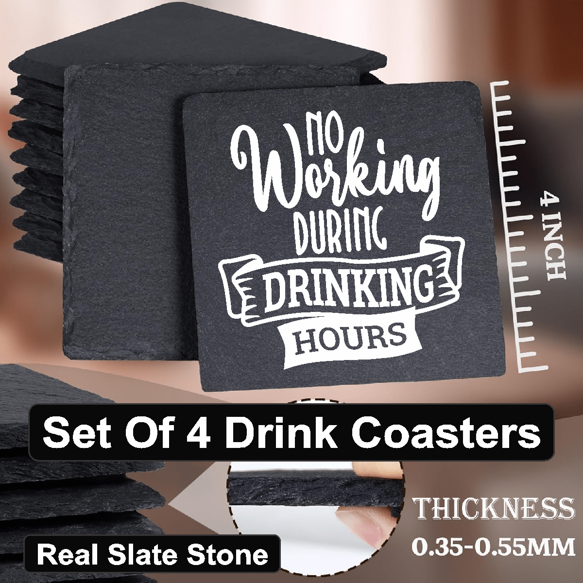 accessories No Working During Drinking Hours - Set of 4 Black Slate Stone Coasters GiftsByJeff Gifts By Jeff Pittsburgh PA