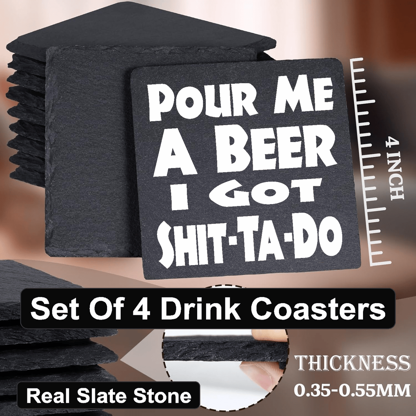 accessories Pour Me A BEER, I Got Shit-Ta-Do - Set of 4 Black Slate Stone Coasters GiftsByJeff Gifts By Jeff Pittsburgh PA