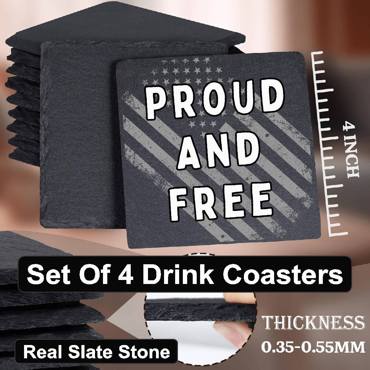 accessories Proud and Free Flag - Set of 4 Black Slate Stone Coasters GiftsByJeff Gifts By Jeff Pittsburgh PA