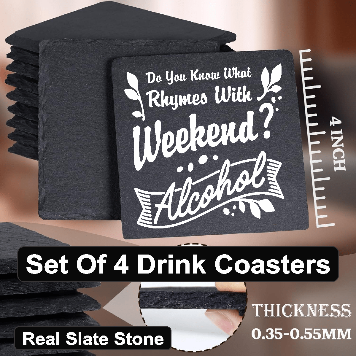 accessories Rhymes With Weekend - Set of 4 Black Slate Stone Coasters GiftsByJeff Gifts By Jeff Pittsburgh PA