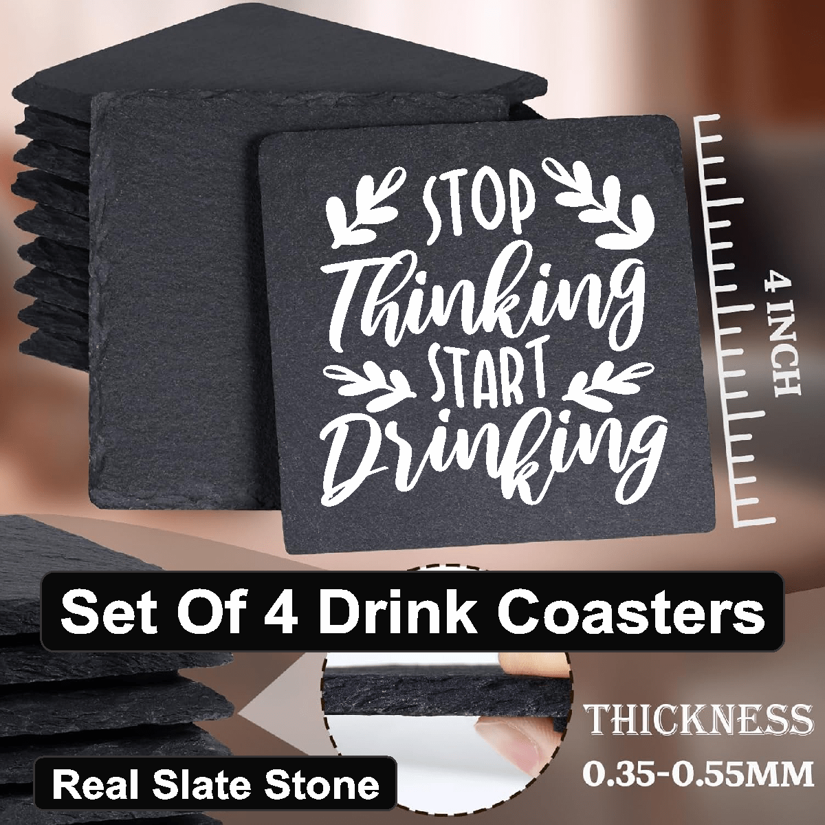 accessories Stop Thinking, Start Drinking - Set of 4 Black Slate Stone Coasters GiftsByJeff Gifts By Jeff Pittsburgh PA