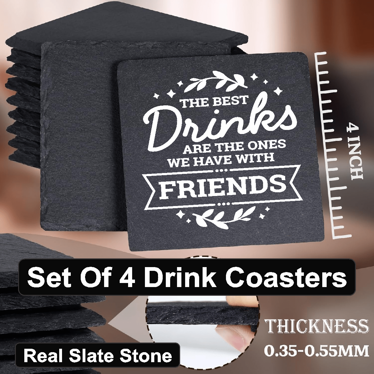 accessories The Best Drinks Are The Ones With Friends - Set of 4 Black Slate Stone Coasters GiftsByJeff Gifts By Jeff Pittsburgh PA