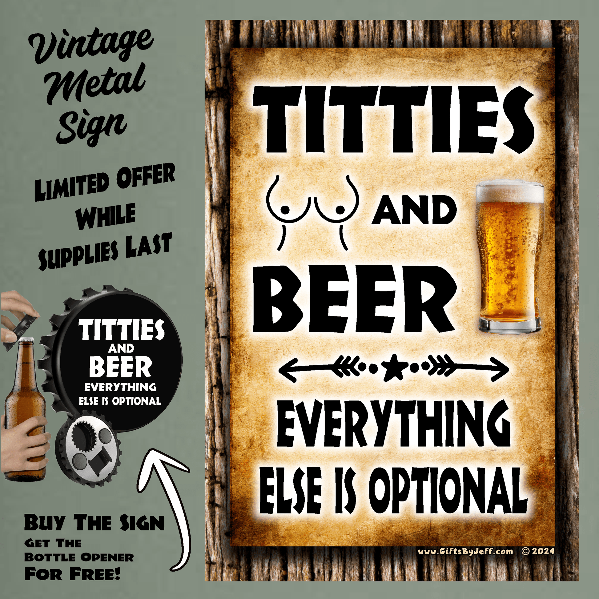 accessories Titties And Beer, Everything Else Is Optional - 12" x 18" Vintage Metal Sign (Free Bottle Opener) GiftsByJeff Gifts By Jeff Pittsburgh PA