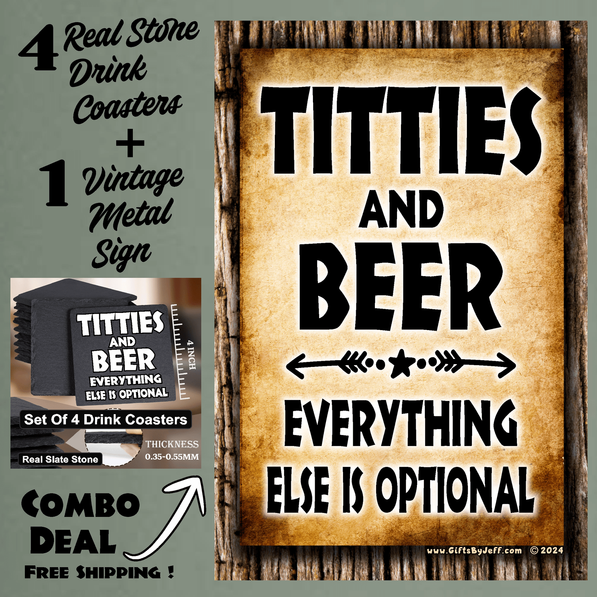 accessories Titties And Beer, Everything Else Is Optional - Sign Coaster Combo GiftsByJeff Gifts By Jeff Pittsburgh PA