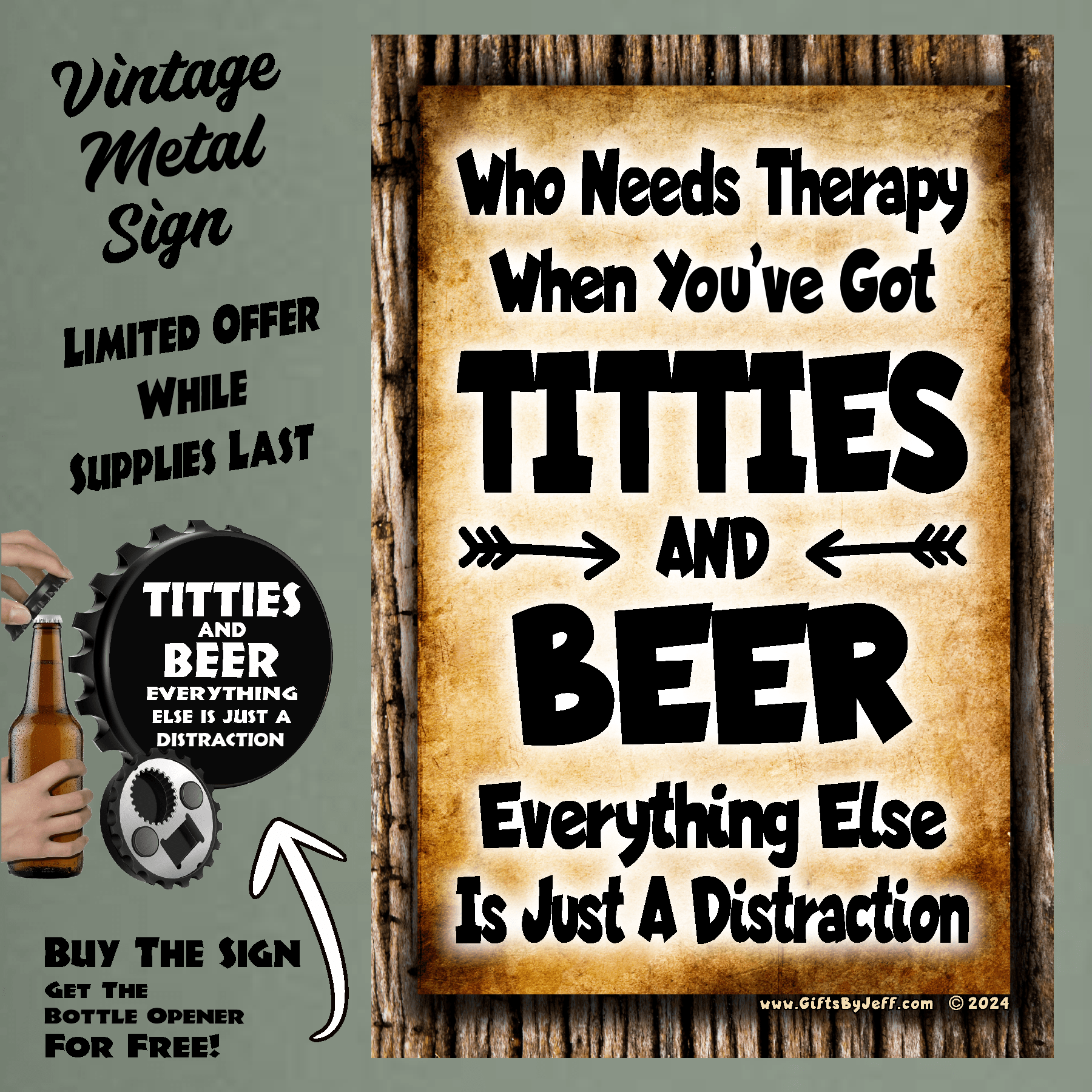 accessories Titties & Beer, Everything Else Is Just A Distraction - 12" x 18" Vintage Metal Sign (Free Bottle Opener) GiftsByJeff Gifts By Jeff Pittsburgh PA