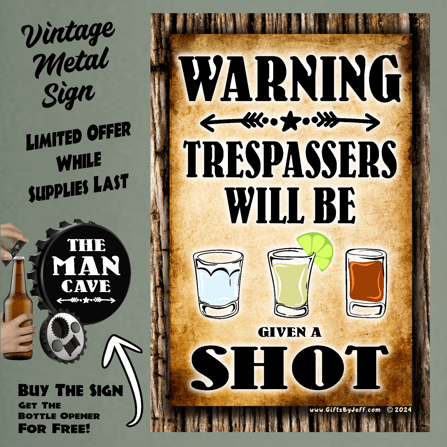 accessories WARNING, Trespassers Will Be Given A Shot - 12" x 18" Vintage Metal Sign (Free Bottle Opener) GiftsByJeff Gifts By Jeff Pittsburgh PA