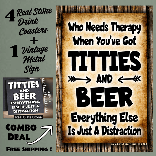 accessories Who Needs Therapy When You've Got Titties And Beer - Sign Coaster Combo GiftsByJeff Gifts By Jeff Pittsburgh PA