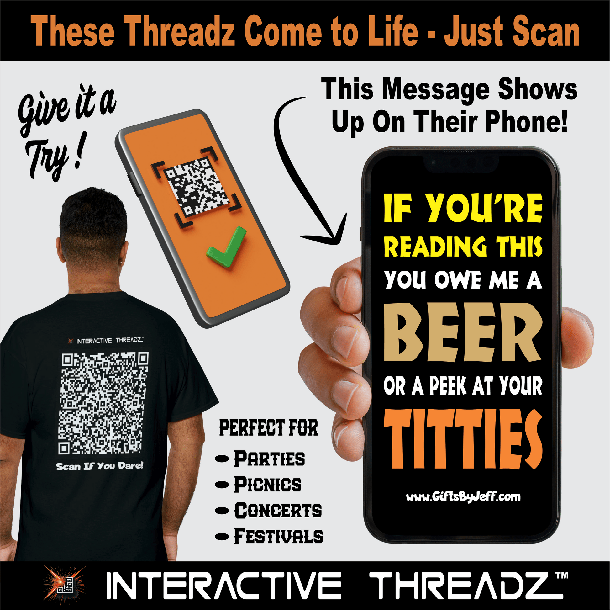 T-Shirt You Owe Me A Beer, Or A Peek At Your Titties - QR Code Shirt - Gildan 5000 Unisex T-shirt GiftsByJeff Gifts By Jeff Pittsburgh PA